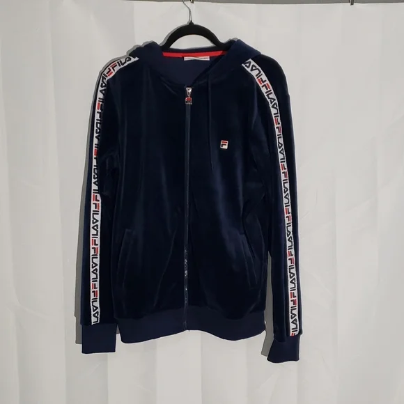 90's Style Fila Navy Blue Velour Velvet Zip-Up Hoodie Logo Down Arms Large - Picture 1 of 11